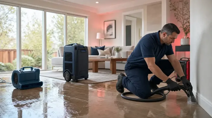 Restoration tech extracting water next to an air mover and a dehumidifier in a living room