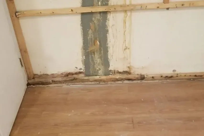 Wall cut open at the base where a burst supply line soaked the framing
